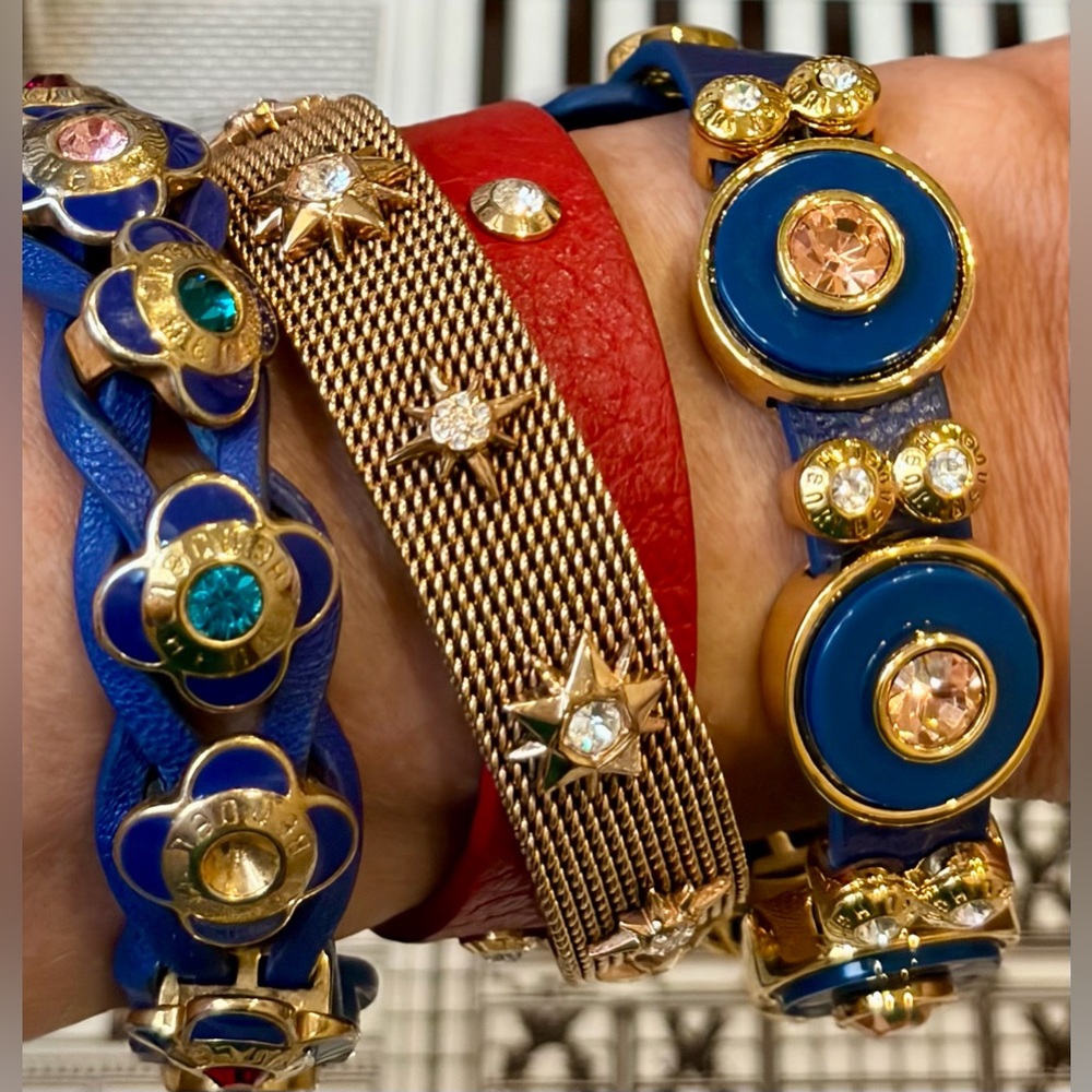 NEW FULL INCLUSION HENRI BENDEL BLUE/GOLD LEATHER BRACELET w/SWAROVSKI CRYSTALS - Picture 4 of 12